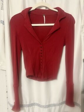 Free People Ribbed Button-Front Long-Sleeve Top in Deep Red